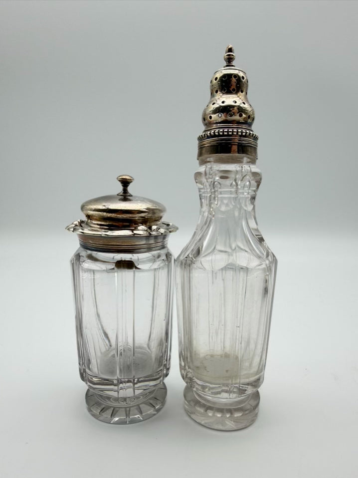 VINTAGE Silver Plate & Glass Cruet & Dispenser 7 Piece Set w/ Holder