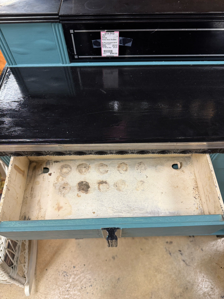 VINTAGE Turquoise & Black Painted Wood Art Deco Dental Detail Cabinet