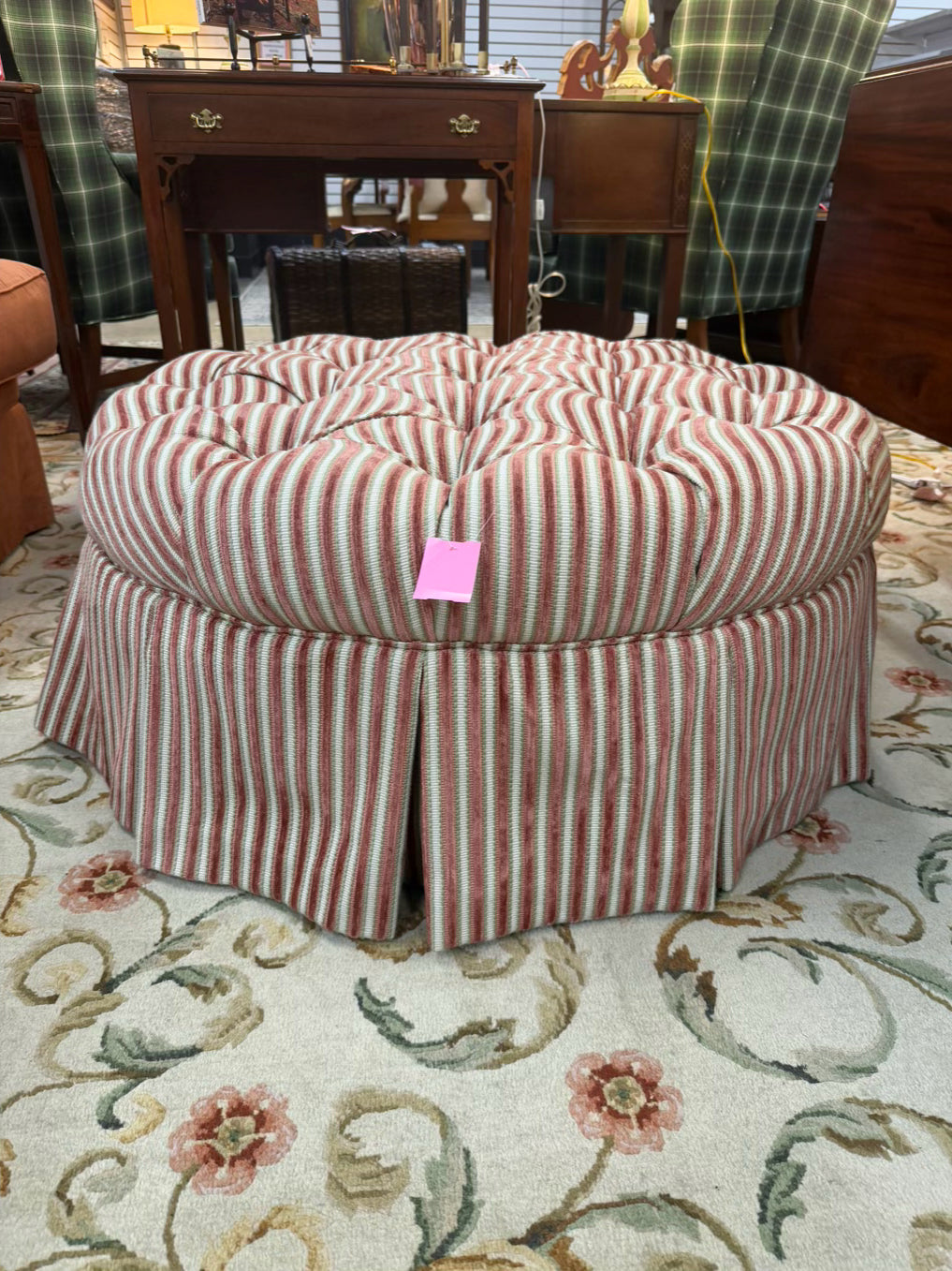 Pink, Green & White Tufted Stripe Ottoman