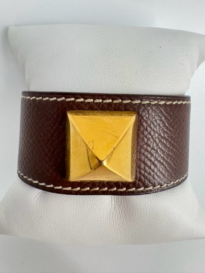 HERMES Brown Leather Gold Tone Stud Cuff Bracelet