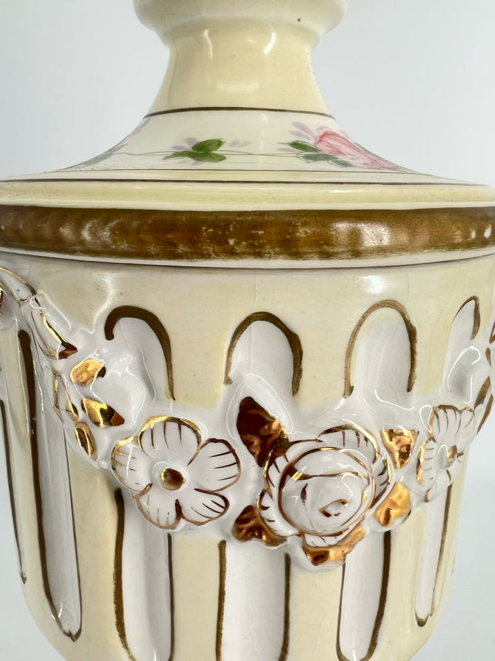 VINTAGE Cream & Yellow Porcelain Pair of Footed Urns