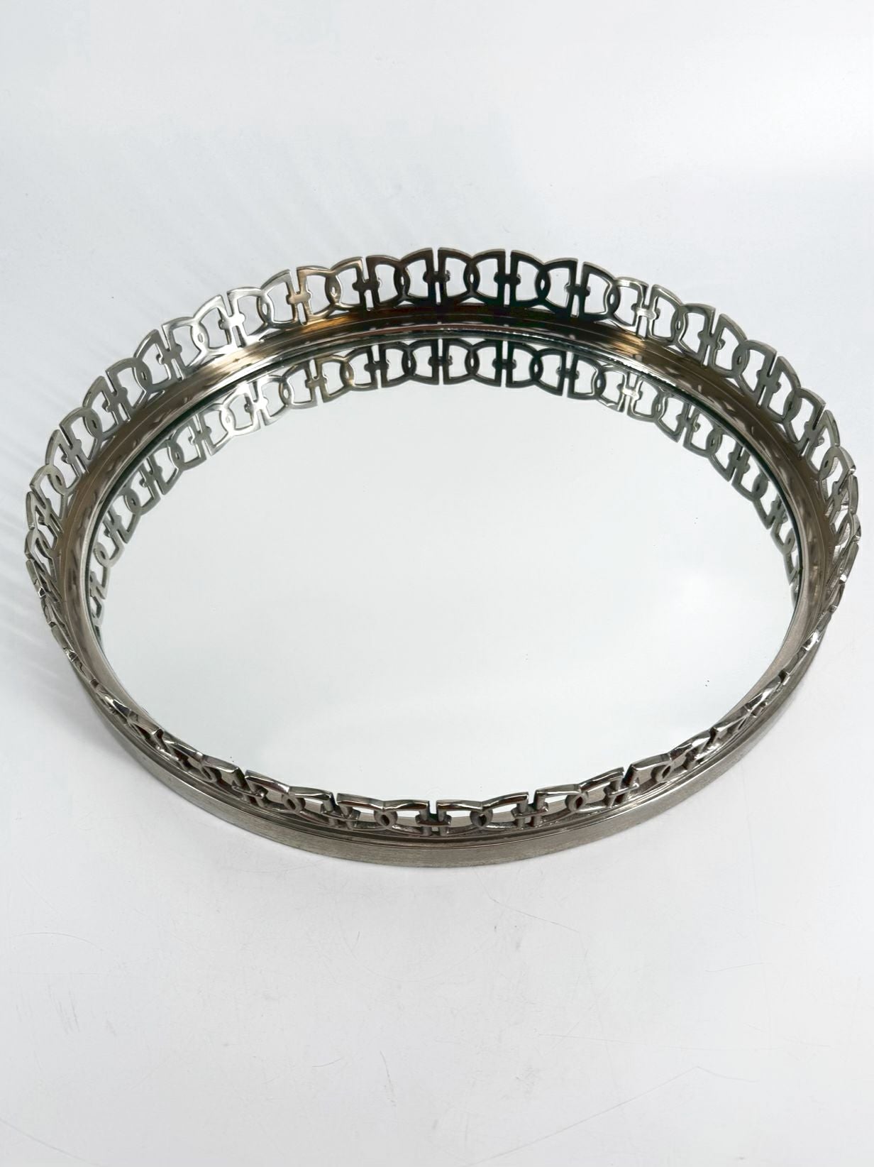 ETHAN ALLEN Silver Metal Oval Mirrored Tray