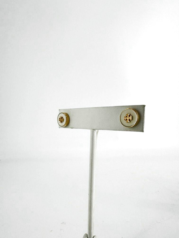 TORY BURCH Gold Tone & Cream Enamel Circle Stud Earrings