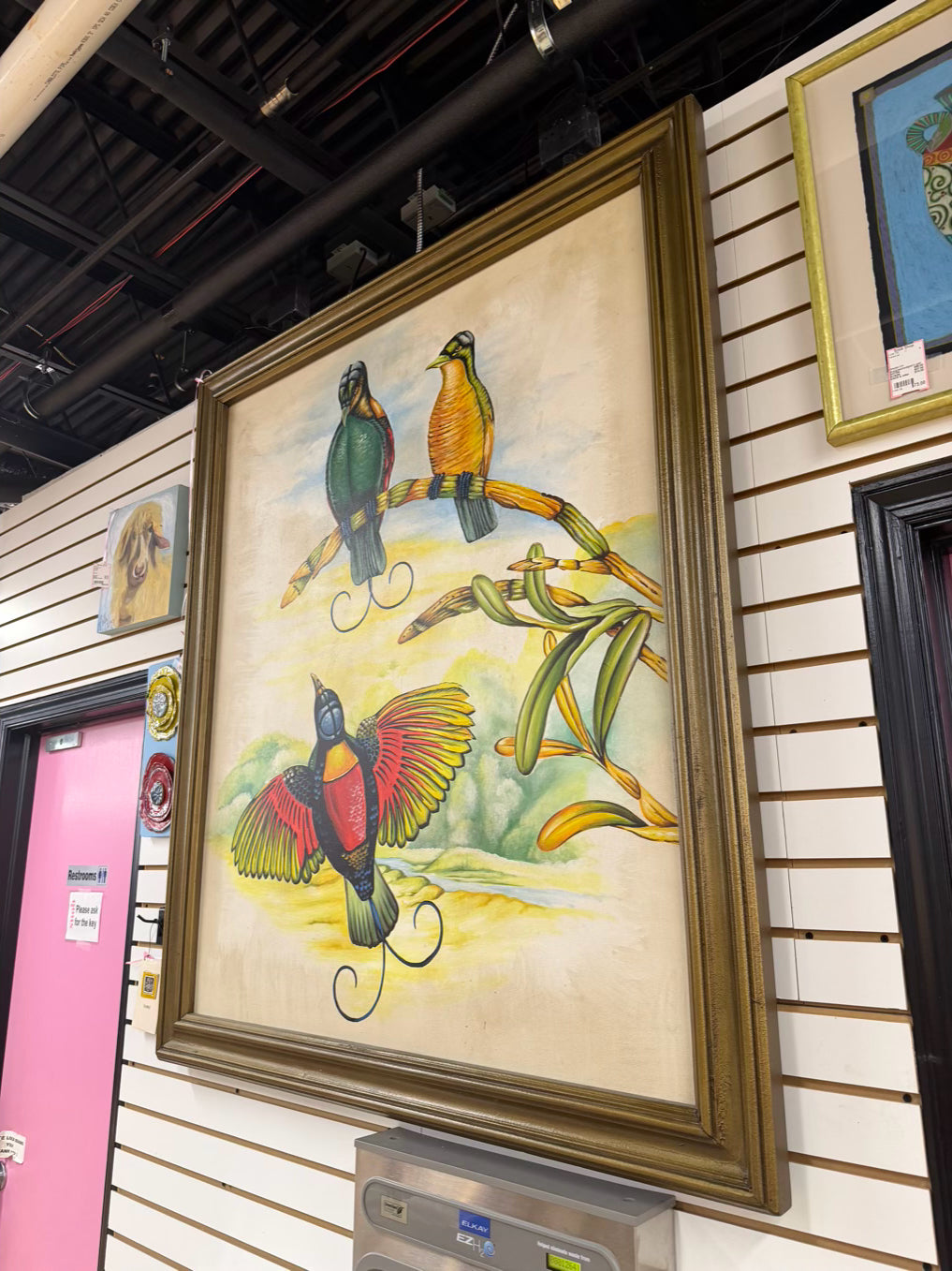 Large Tropical Birds Painting In Wood Frame