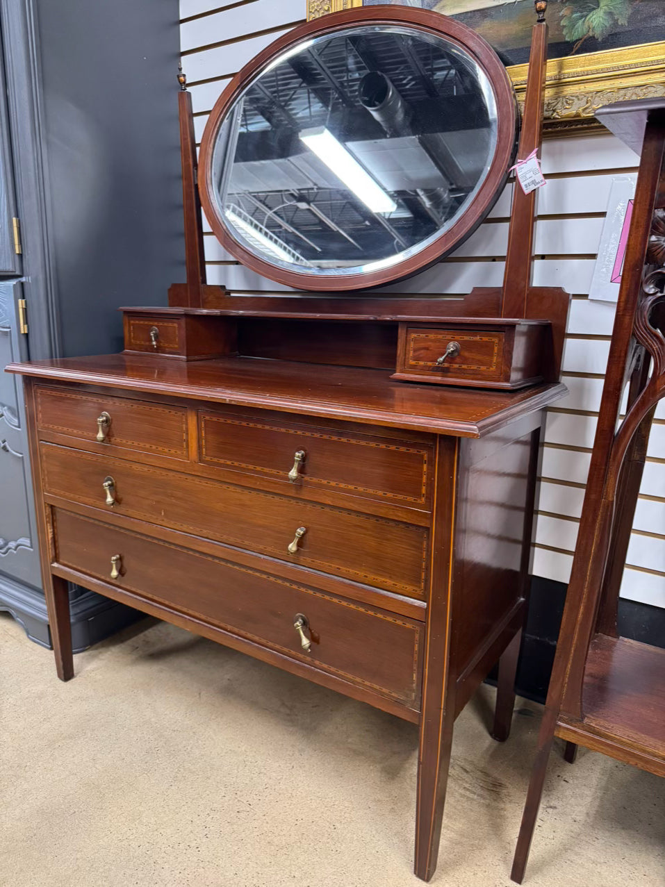 ANTIQUE Wood 2-Drawer Dresser w/ Attached Mirror