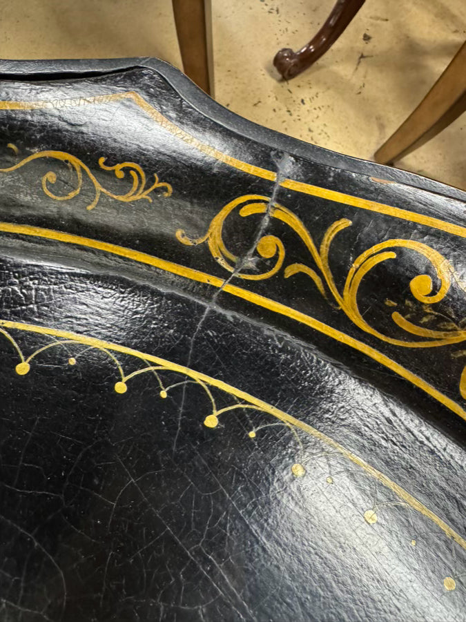 VINTAGE Wood Painted Black Flowers Coffee Table w/ Removable Tray