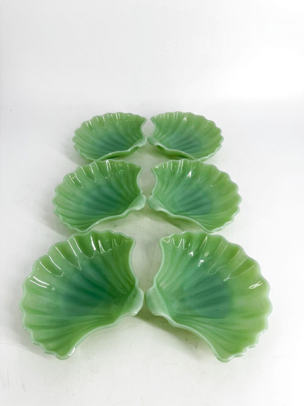 ANCHOR HOCKING Green Depression Glass Shell Set Of 6 Dessert Plates