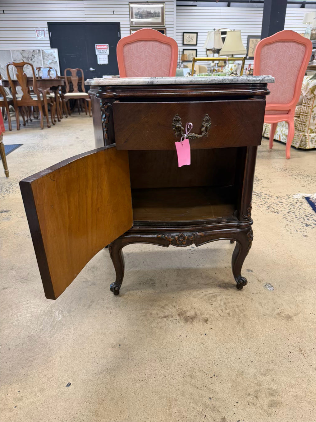 FRENCH White & Brown Commode Marble & Wood Nightstand w/ Drawer