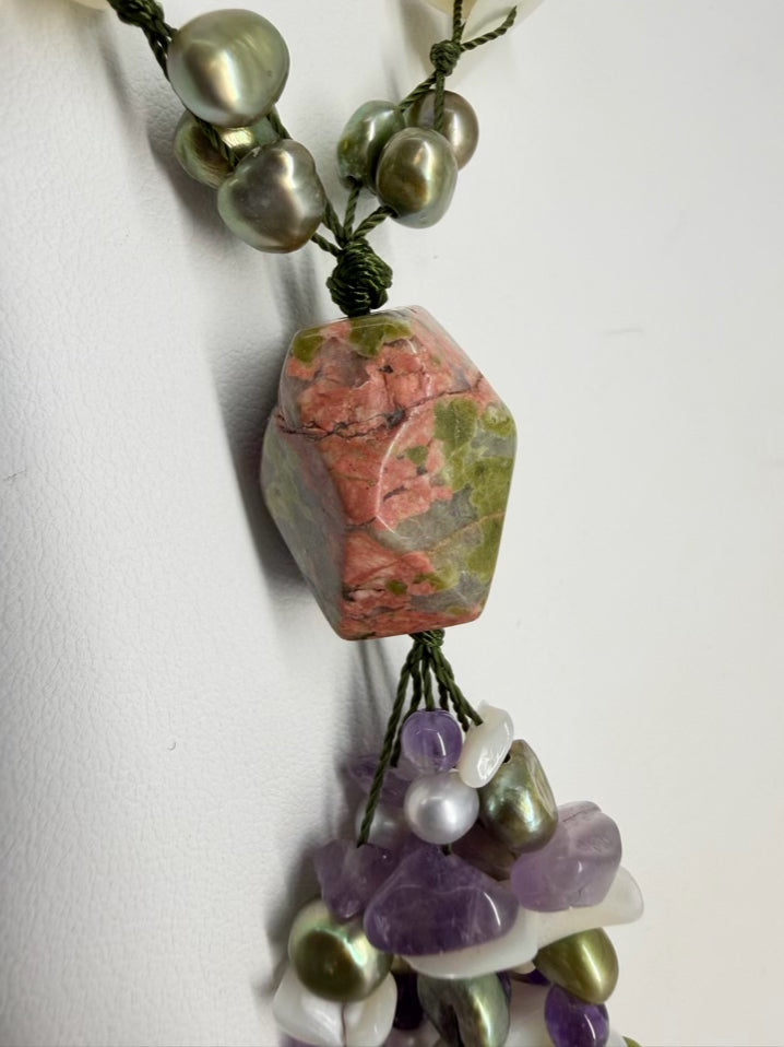 Multi Colored Jasper, Amethyst, Pearl & Shell  Necklace