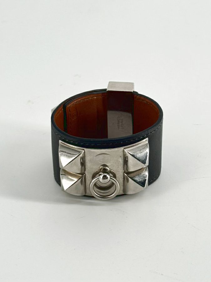 HERMES Gunmetal Leather Collier de Chien Wrap Bracelet