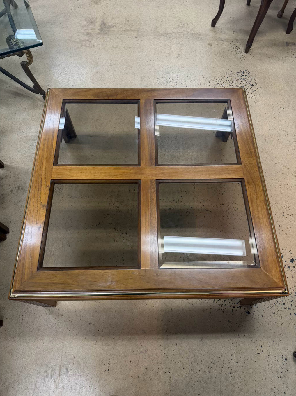 HOLLYWOOD REGENCY Medium Brown Wood & Glass Coffee Table w/ Brass Accents