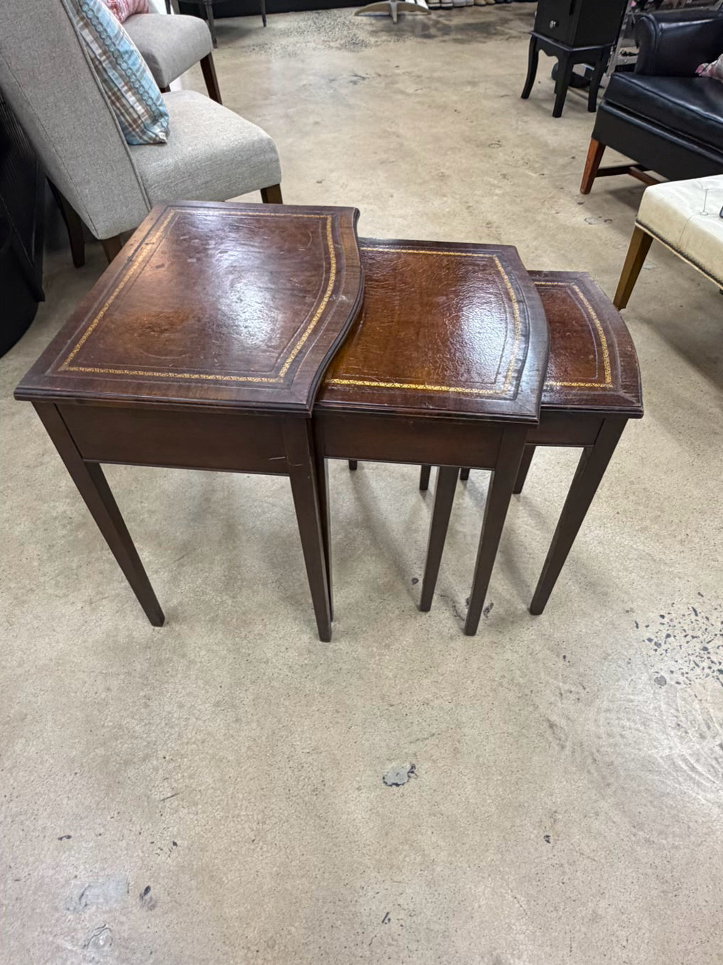 Dark Wood & Leather Nesting Tables Set of 3