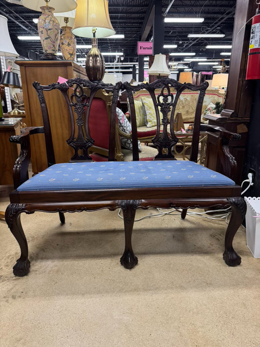 Wood Blue Upholstered 2-Seater Queen Ann Ball & Claw Feet Bench
