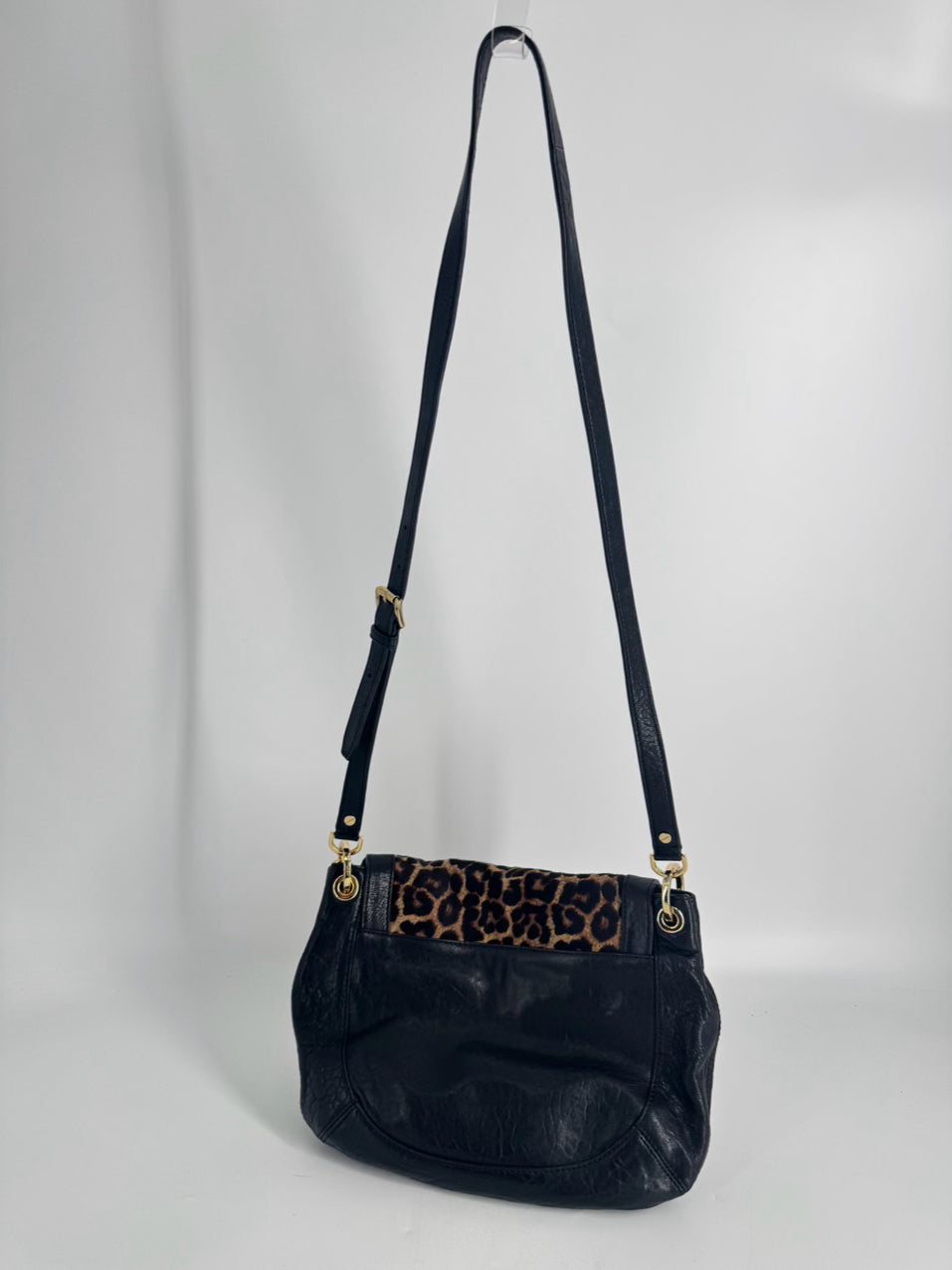 MICHAEL KORS Black Leather & Leopard Print Calf Hair Trim Stanthorpe Satchel