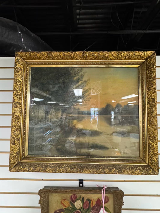 BERT M. HERTIGAN Lake Scene Painting in Gold Antique Frame