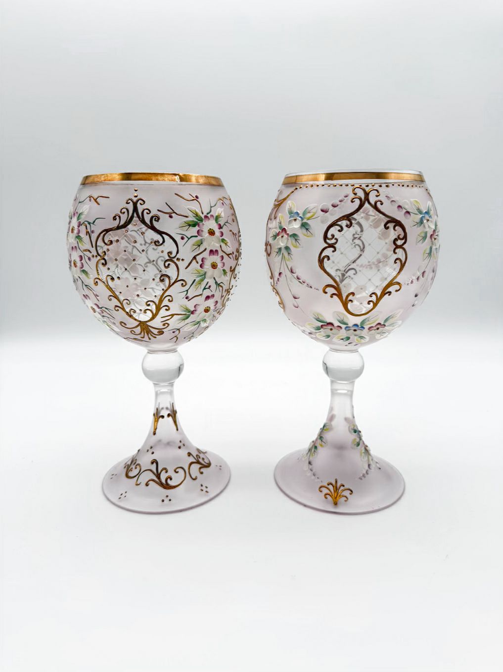 Pink , Gold & White Painted Crystal Pair Of Large Wine Glasses
