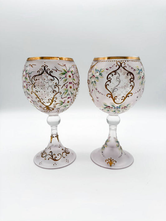 Pink , Gold & White Painted Crystal Pair Of Large Wine Glasses