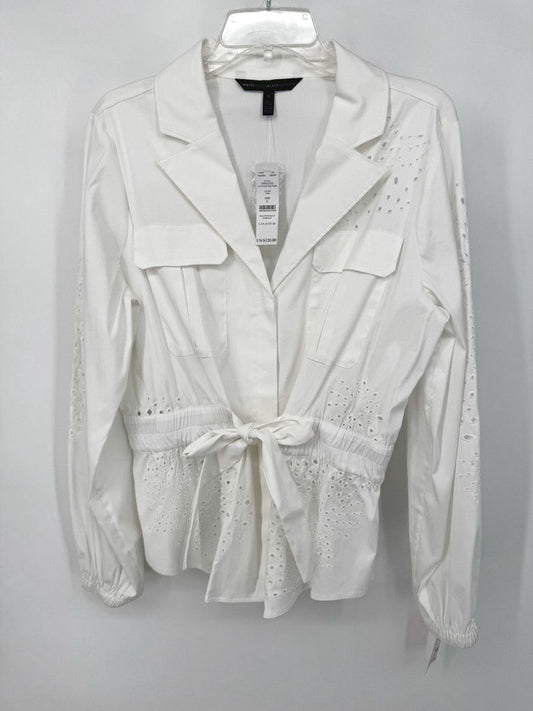 WHITE HOUSE BLACK MARKET Size L White Eyelet Tie Waist Blouse NWT