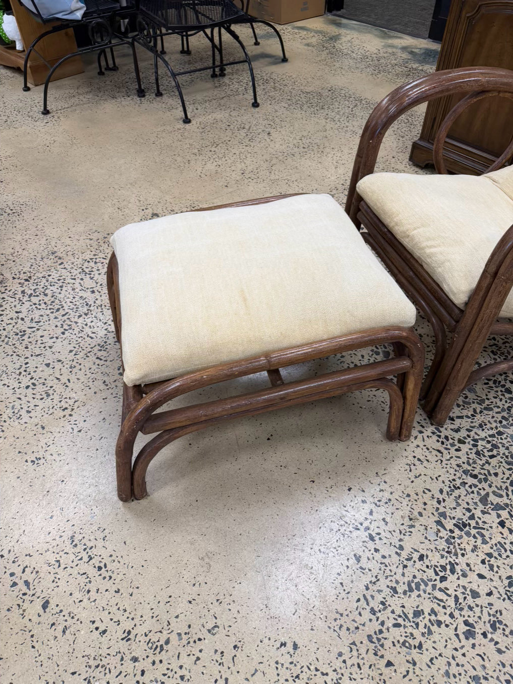VINTAGE Medium Wood Bamboo Chair w/ Ottoman