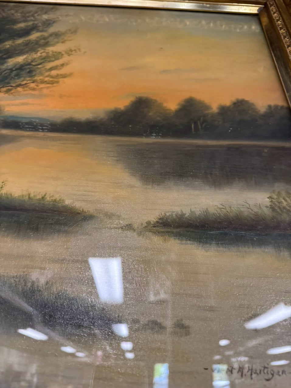 BERT M. HERTIGAN Lake Scene Painting in Gold Antique Frame