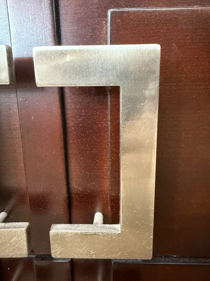 Dark Wood Pair of End Tables w/ Silver Metal Handles