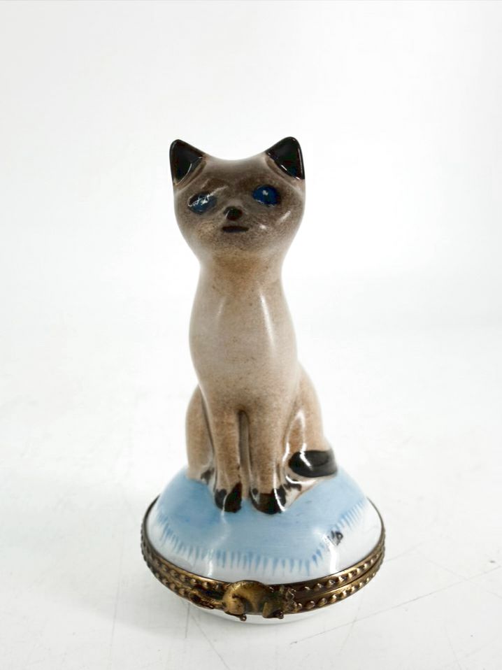 Limoges Blue & White Porcelain Siamese Cat Trinket Box