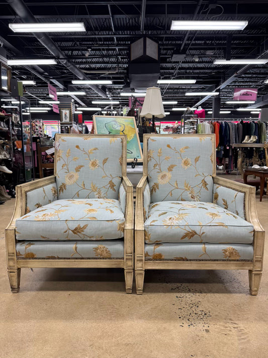 TAYLOR KING Cream & Blue Floral Upholstered French Pair of Chairs