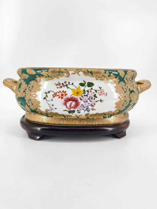 Green & Gold Fish & Flowers Porcelain Planter w/ Wood Stand