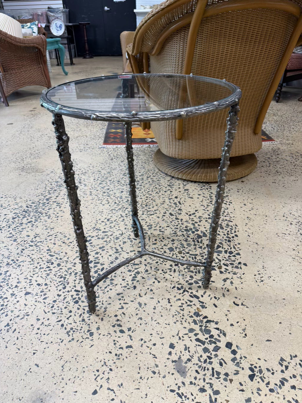 Silver Tone Metal Rustic Wood Look Side Table