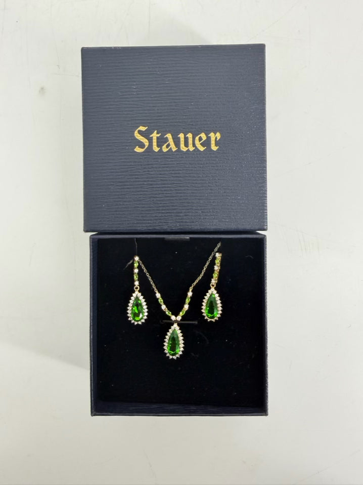 STAUER STERLING SILVER Green Helenite Tear Drop Necklace & Ring Set