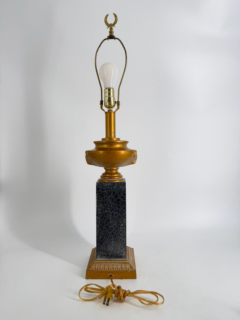 Black & Gold Column Pair Of Lamps w/ Rams Head Design No Shades
