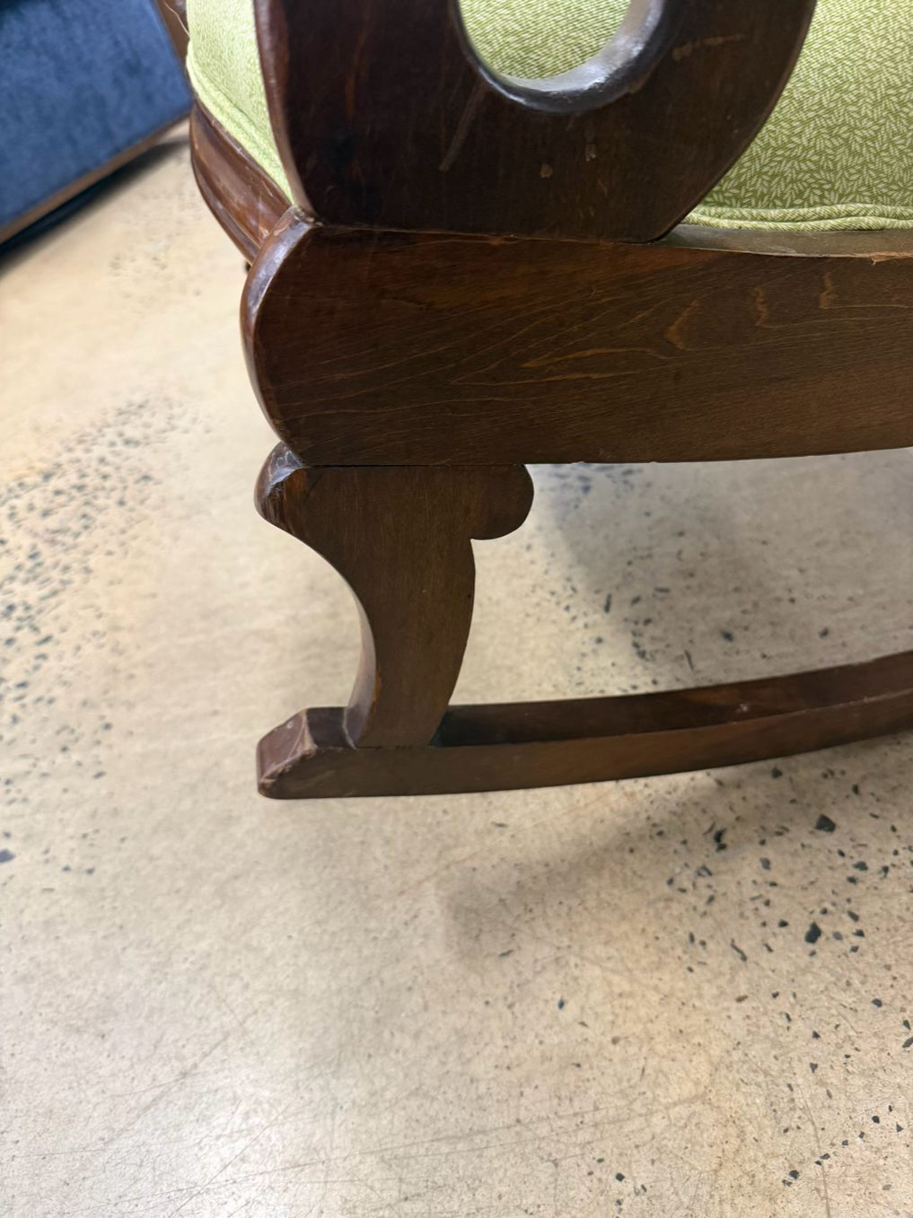 VINTAGE Wood Gooseneck Rocking Chair w/ Green Fabric & Pillow