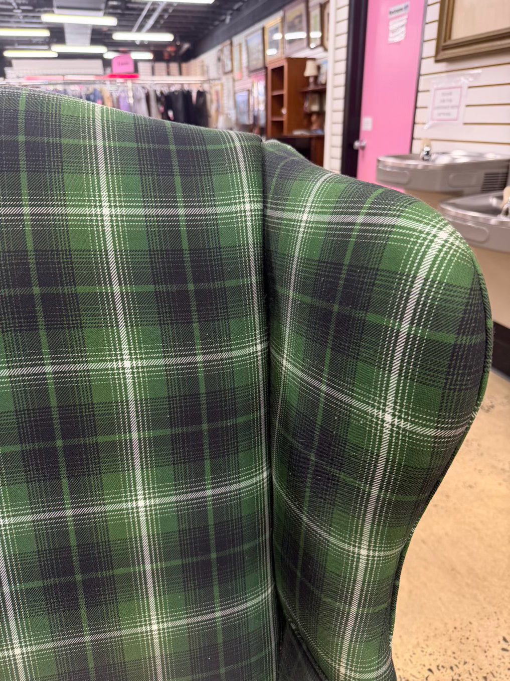 Green & White Plaid Tartan Pair Of Wing Back Chairs