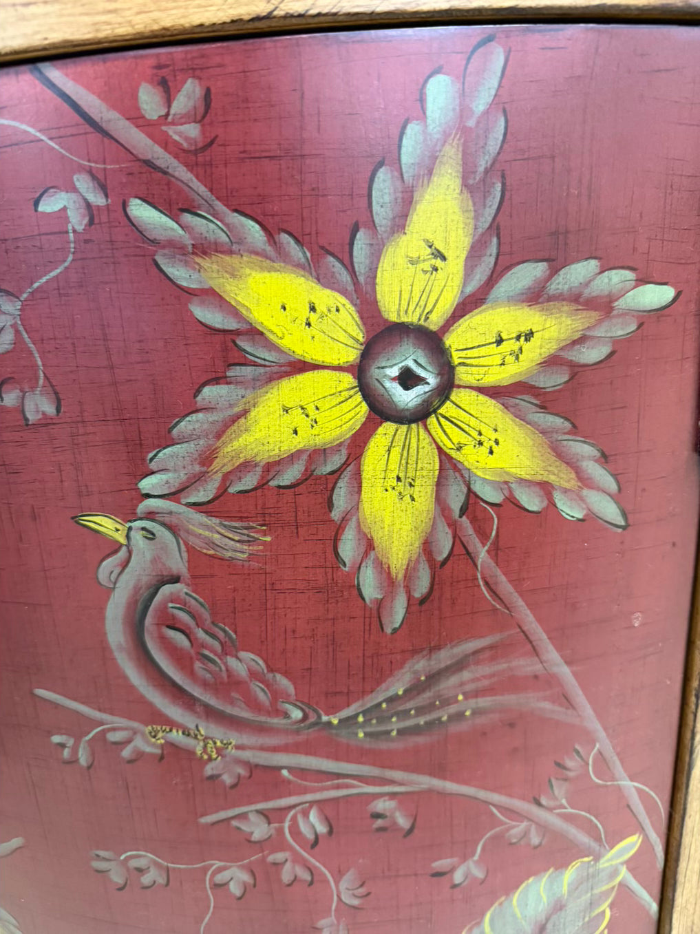 Red & Gold Demilune Birds Cabinet w/ Drawer