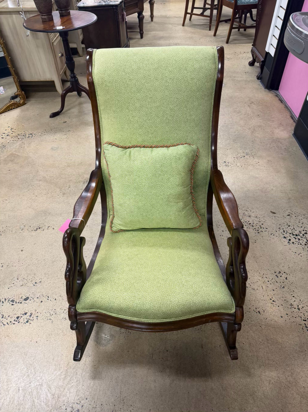 VINTAGE Wood Gooseneck Rocking Chair w/ Green Fabric & Pillow