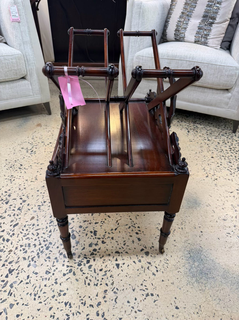 ENGLISH Dark Mahogany Canterbury Rack Magazine Stand w/ Bottom Drawer
