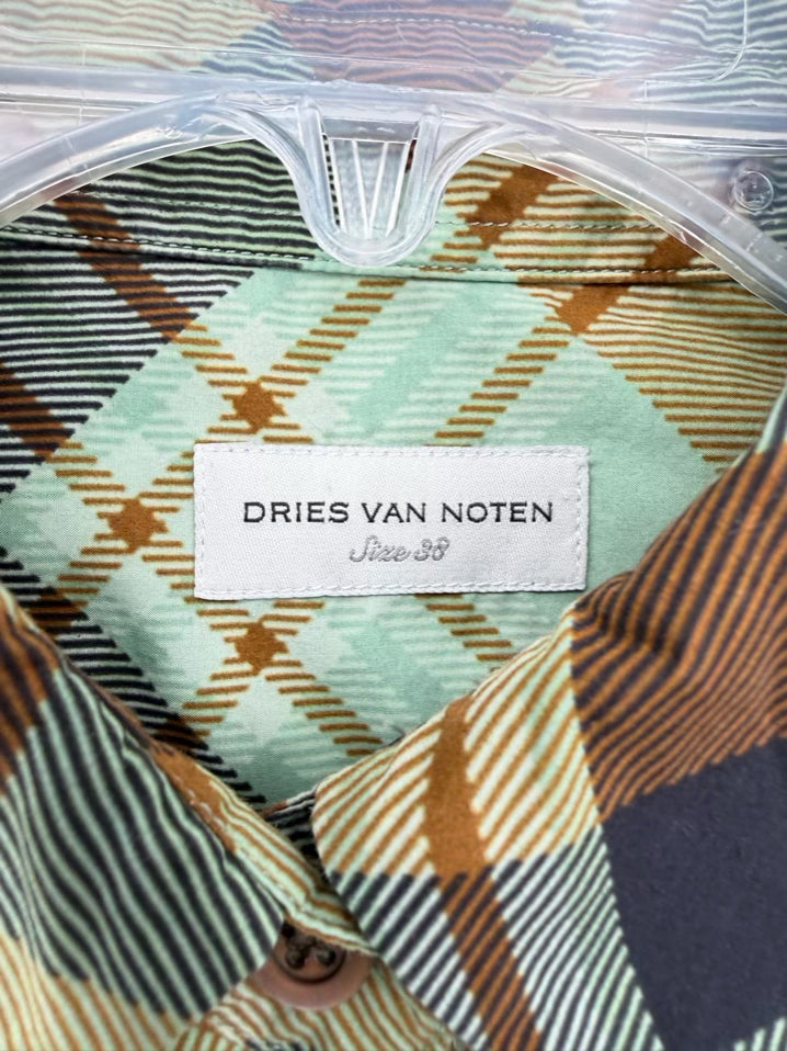 DRIES VAN NOTEN Wmn's Size 38 Sage & Brown Cotton Plaid Blouse