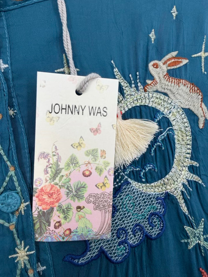 JOHNNY WAS Selina Size Wmn's M Teal Embroidered Tunic NWT