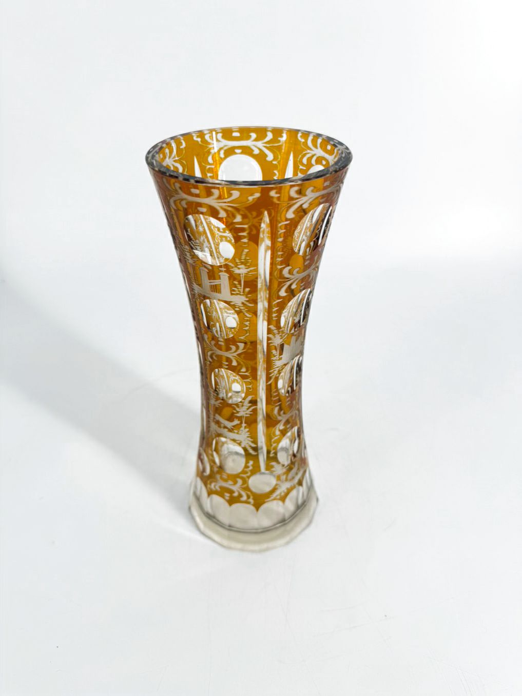 BOHEMIAN Amber & Clear Crystal Woodland Design Vase