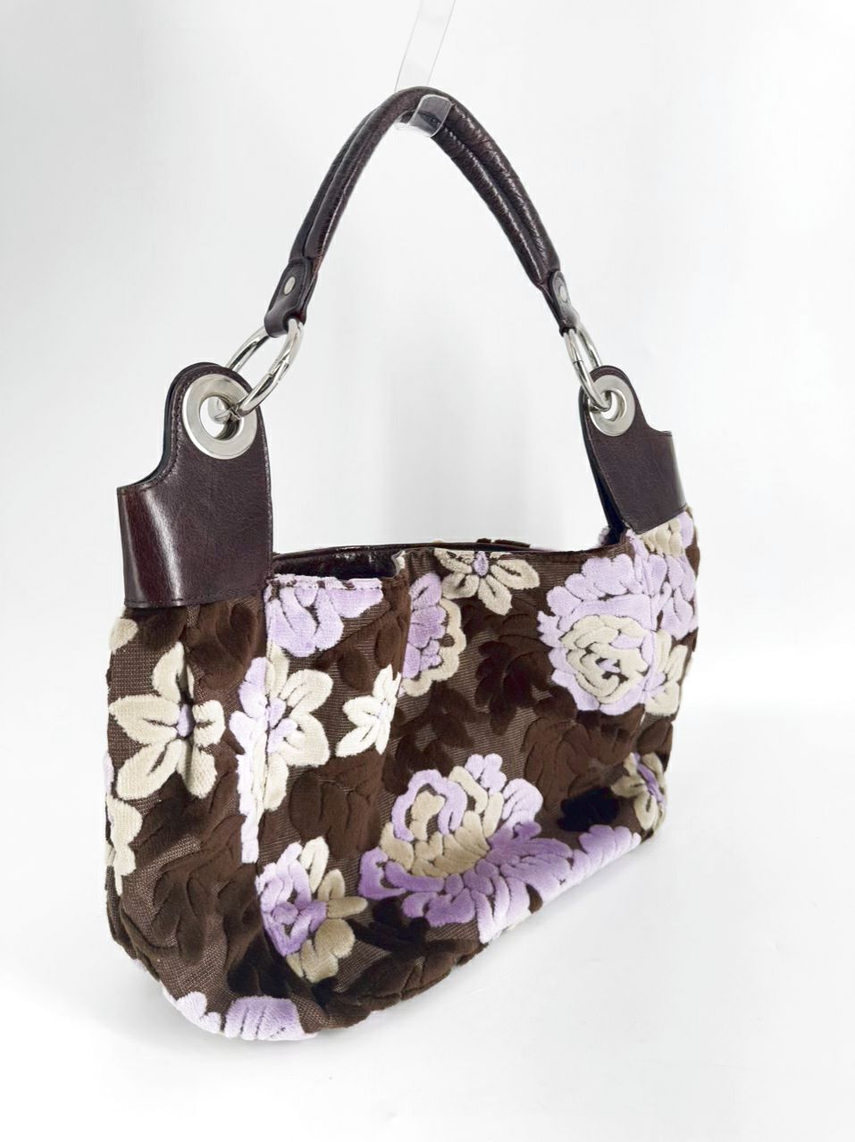 GLENDA GIES Purple & Brown Floral Velvet & Leather Purse