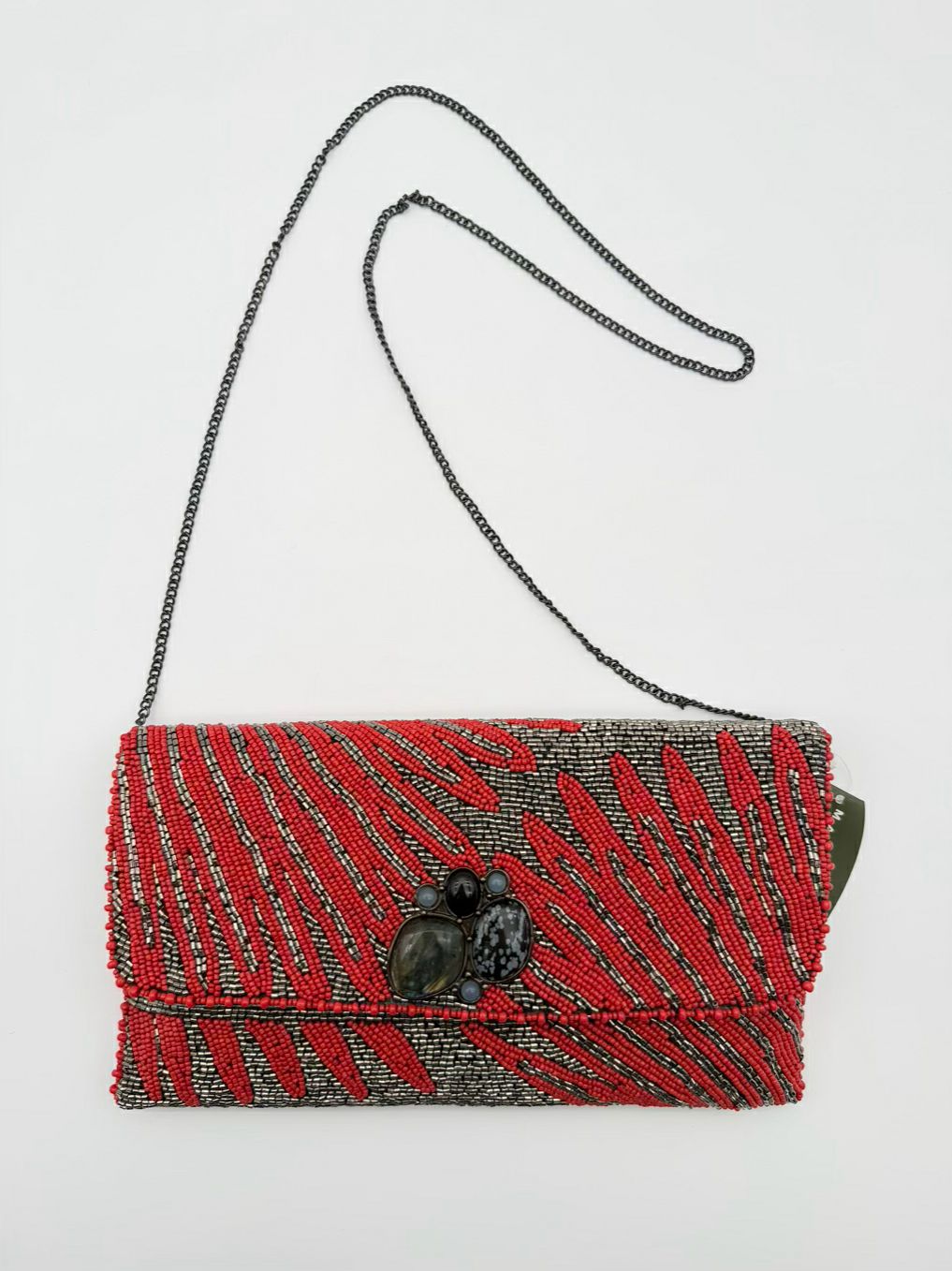 MARY FRANCES Follow Me Beaded Rust & Silver Animal Print Clutch Bag NWT