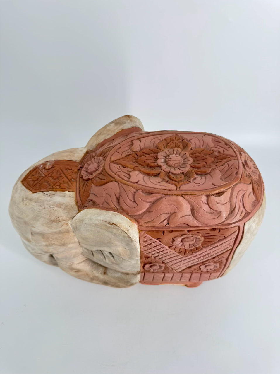 Pink & Cream Carved Wood Elephant Figure