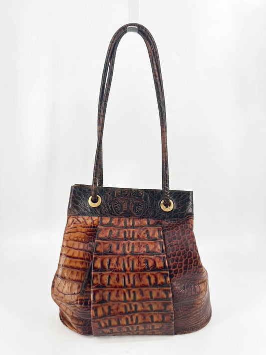 BRAHMIN Cognac Crocodile Leather Claire Bucket Bag