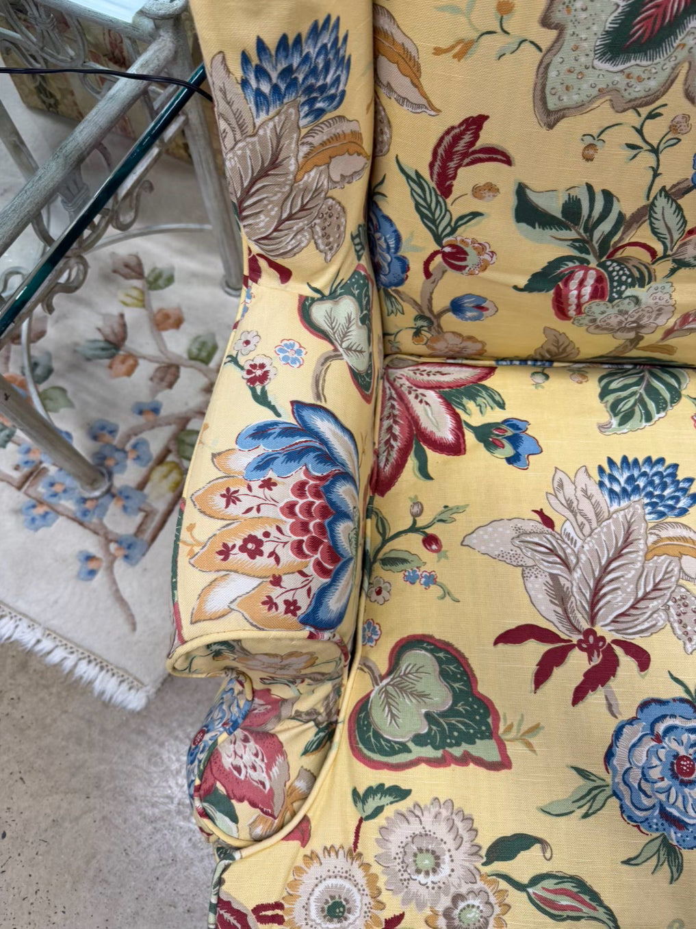 VINTAGE Yellow, Blue, Red & Green Floral Slip Covered Wingback Chair