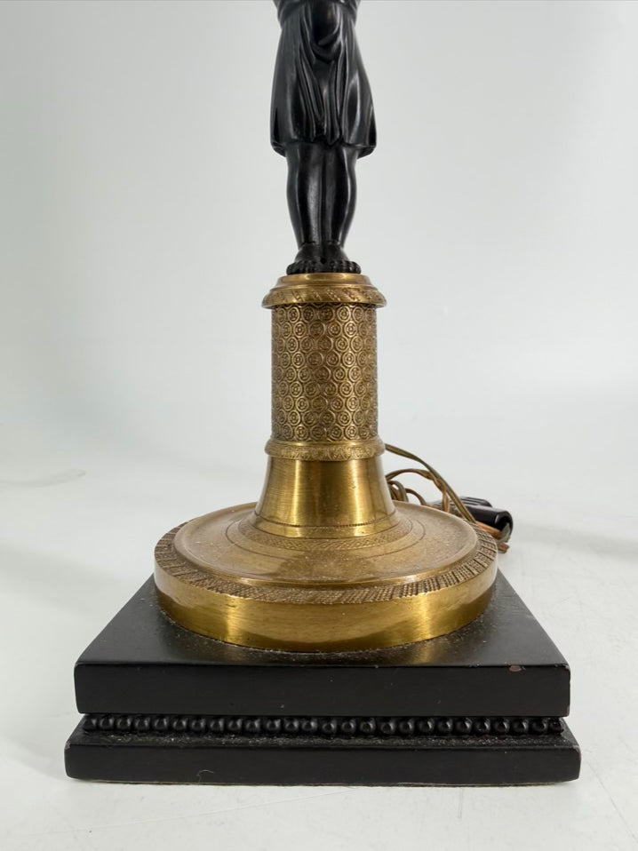 Brass & Bronze Candlestick Classical Rival Figural Pair of Lamps w/ Shades