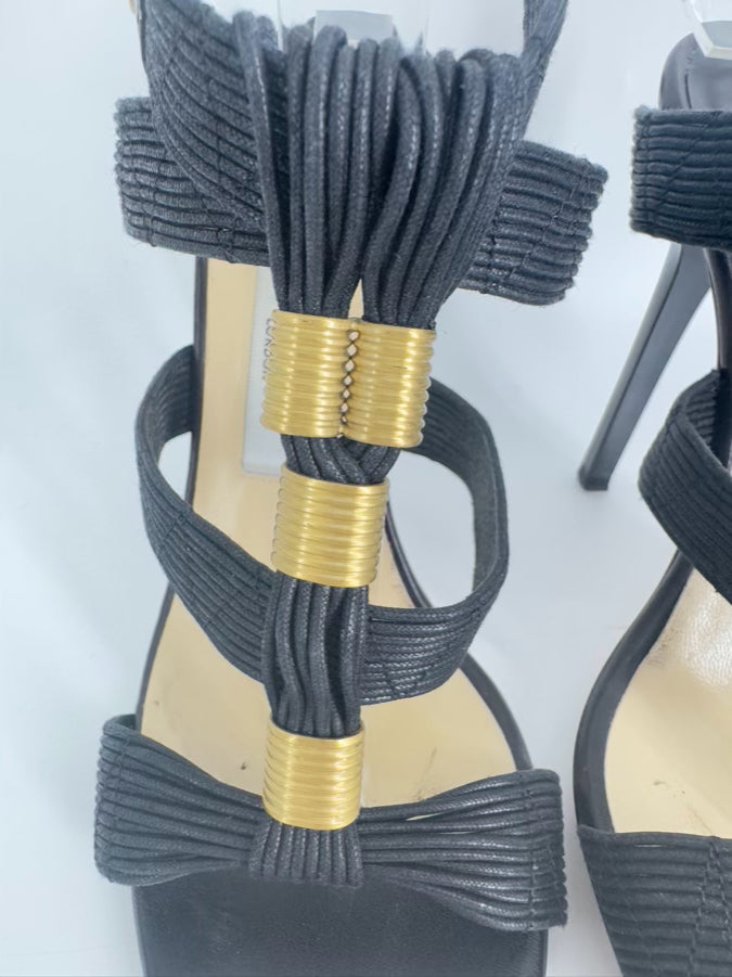JIMMY CHOO Size 37.5 Black & Gold Leather Strappy Pumps