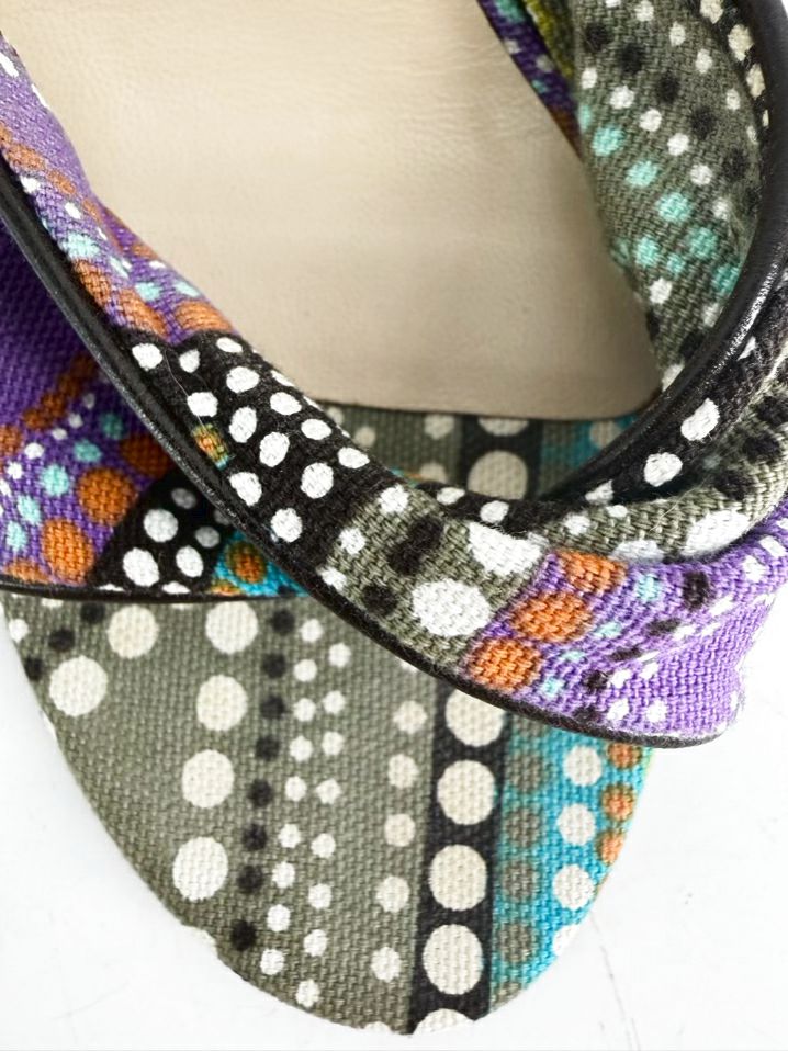 JIMMY CHOO Size 38 Purple & Green Canvas Print Heels