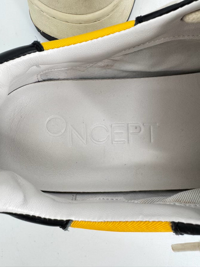 ONCEPT Size 10 White, Black & Yellow Leather Sneakers