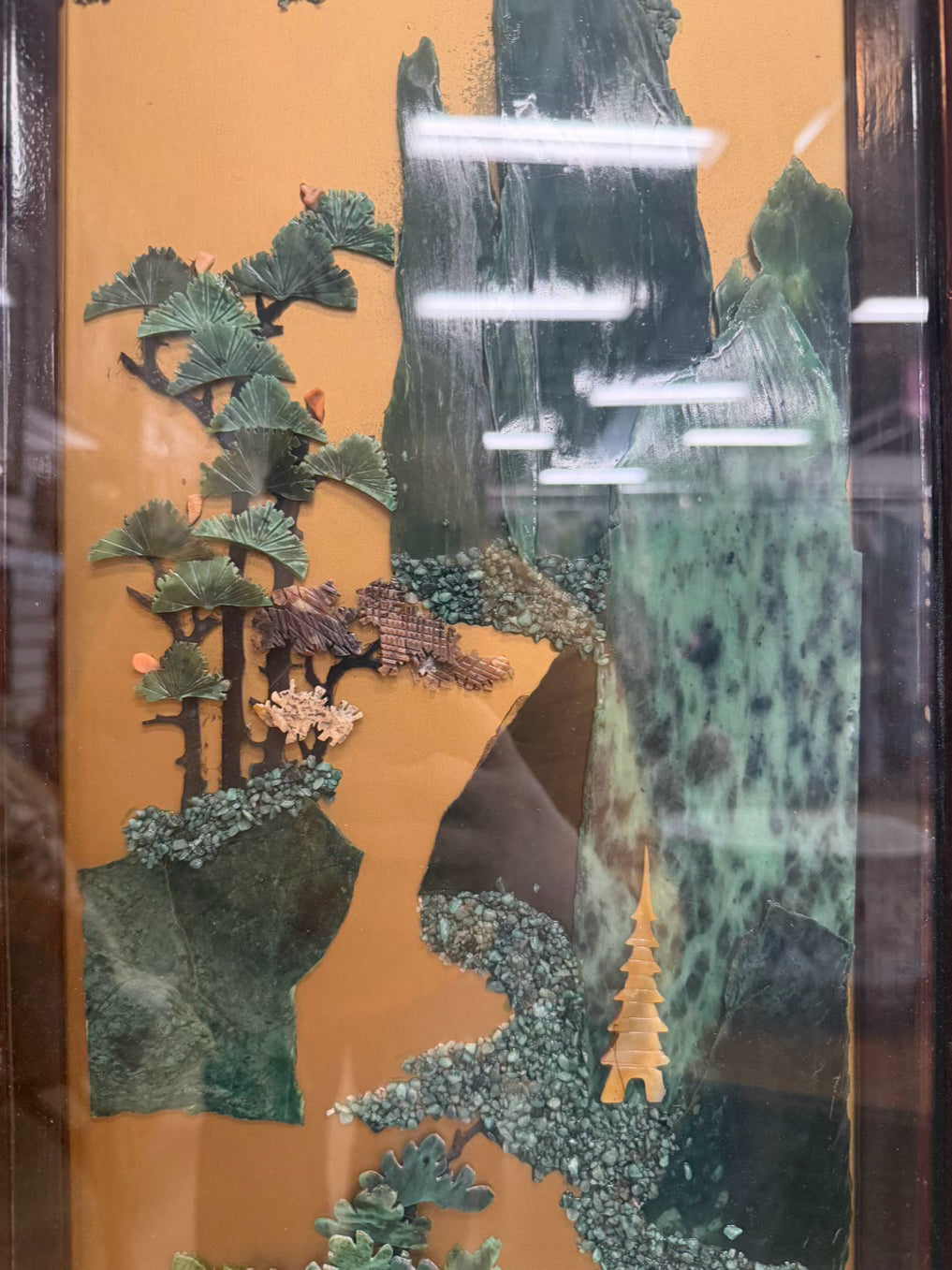 Wood Panel In Bamboo Like Frame w/ Green Inlaid Stone