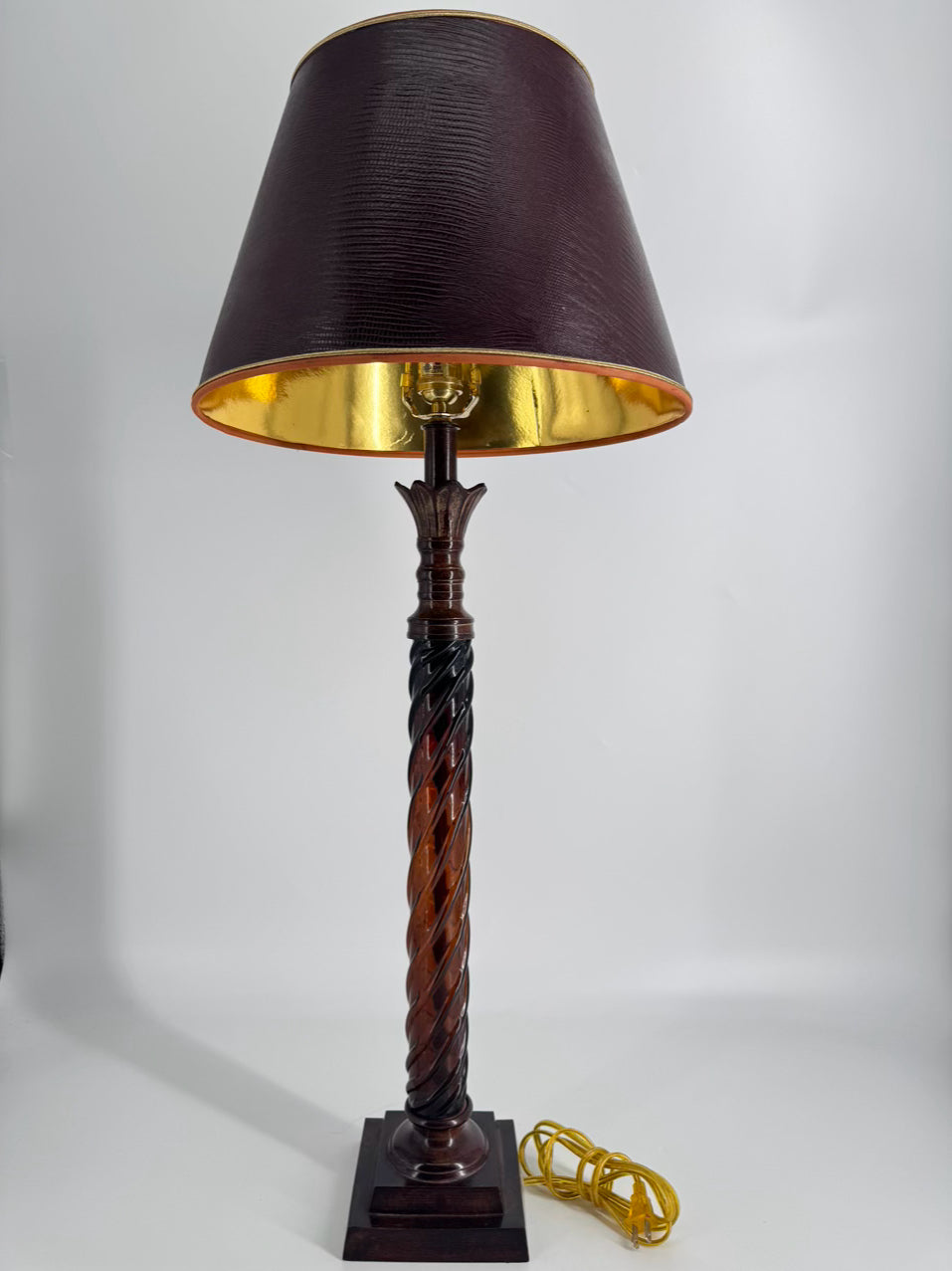 VINTAGE THE BRADBURY GALLERY Amber Glass Lamp w/ Leather Look Shade